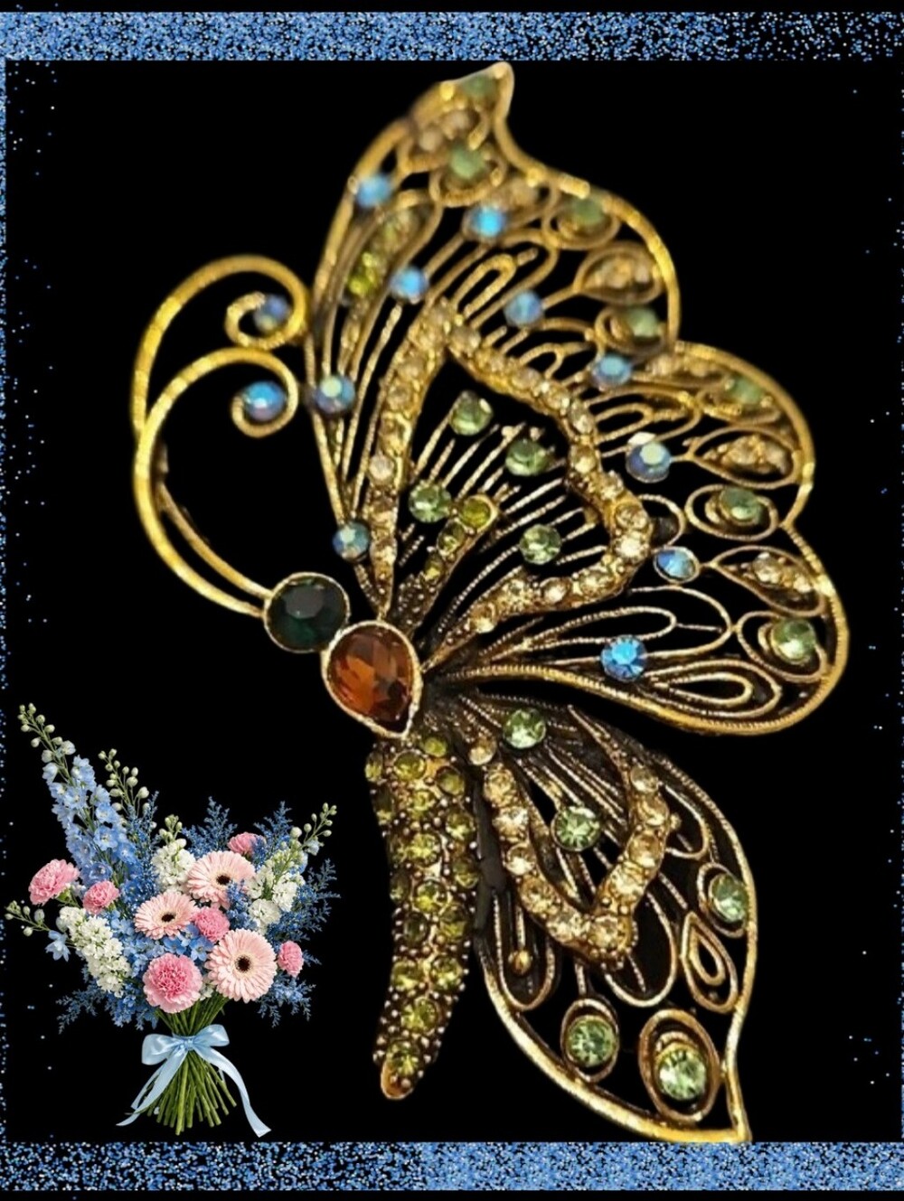 Gold-Tone Iridescent Blue & Green Rhinestone  Butterfly Pendant Brooch